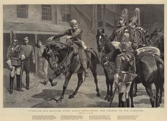 Zijn gevechten opnieuw vechtend, de aanval beschrijvend aan zijn kameraden